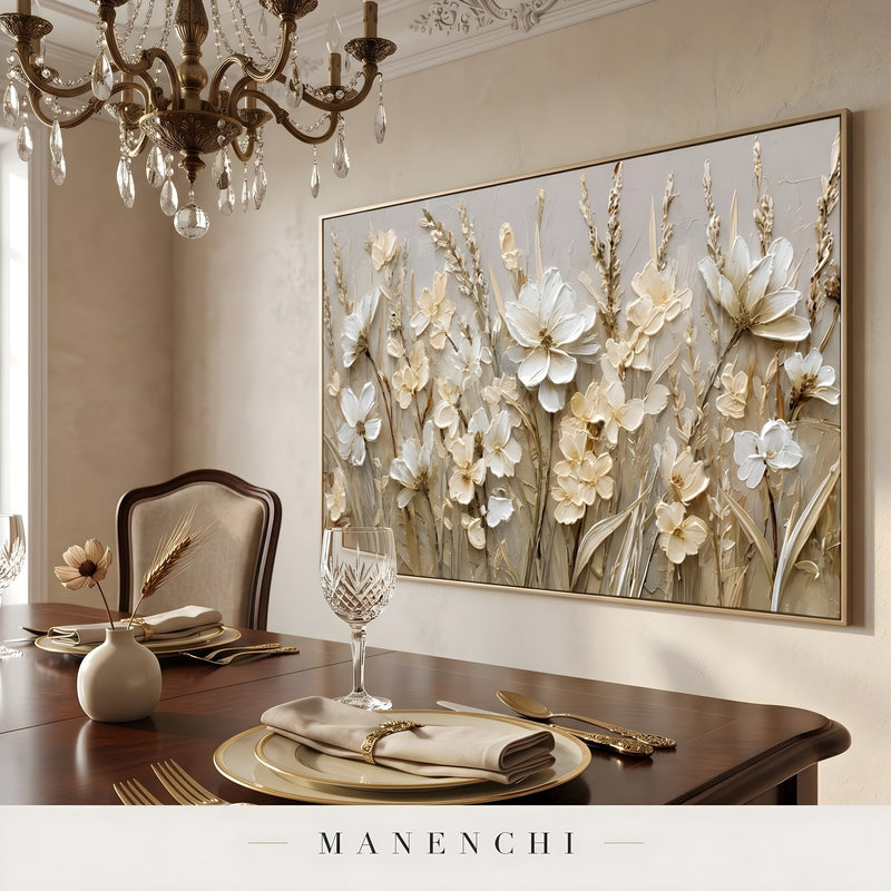 Textural Ivory Flora abstract painting displayed in dining room decor