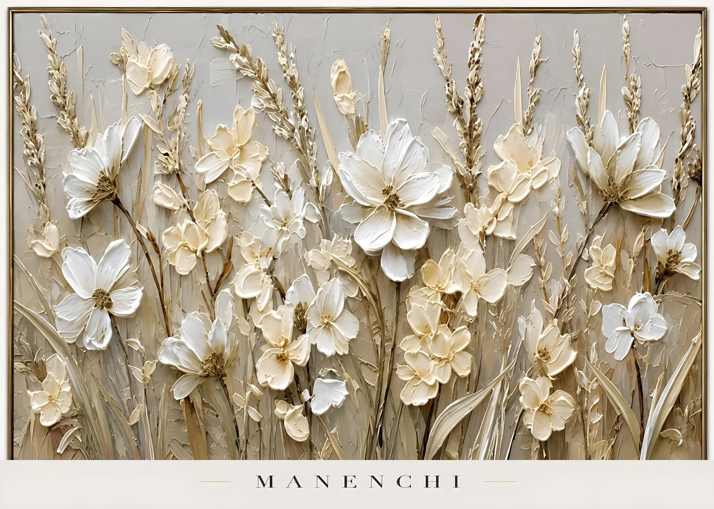 Textural Ivory Flora abstract painting displayed in framed art isolated