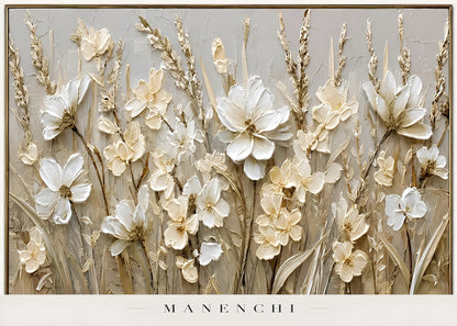 Textural Ivory Flora abstract painting displayed in framed art isolated