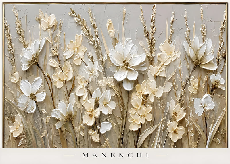 Textural Ivory Flora abstract painting displayed in framed art isolated