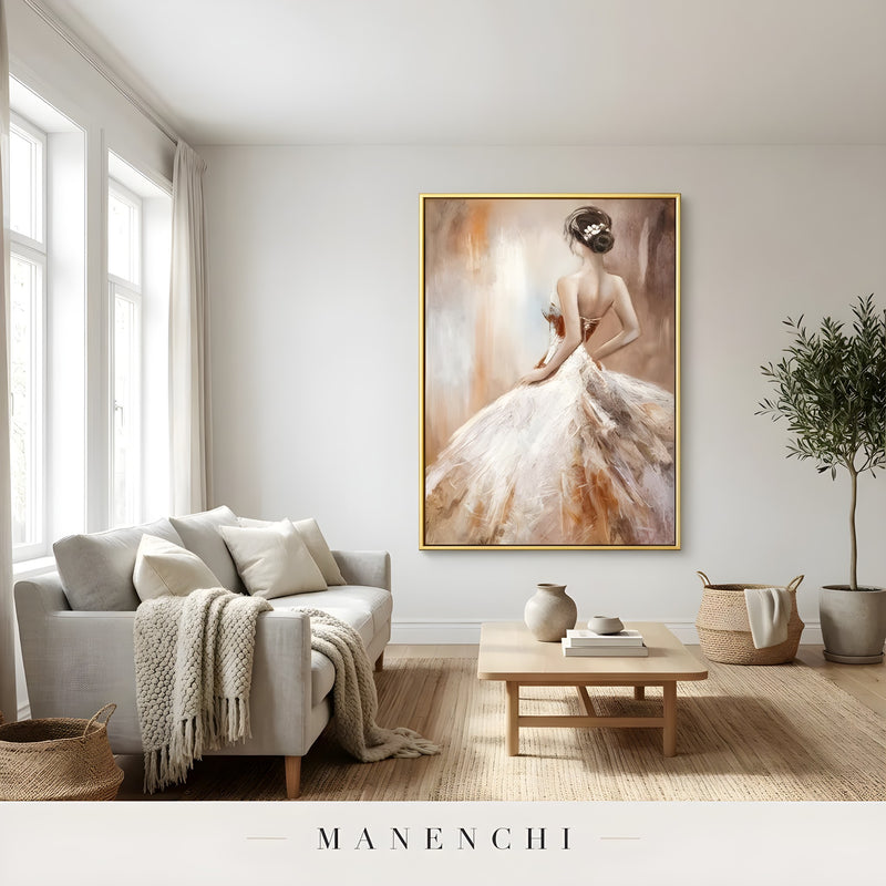 Timeless Bridal Reverie portrait displayed in cozy neutral living room