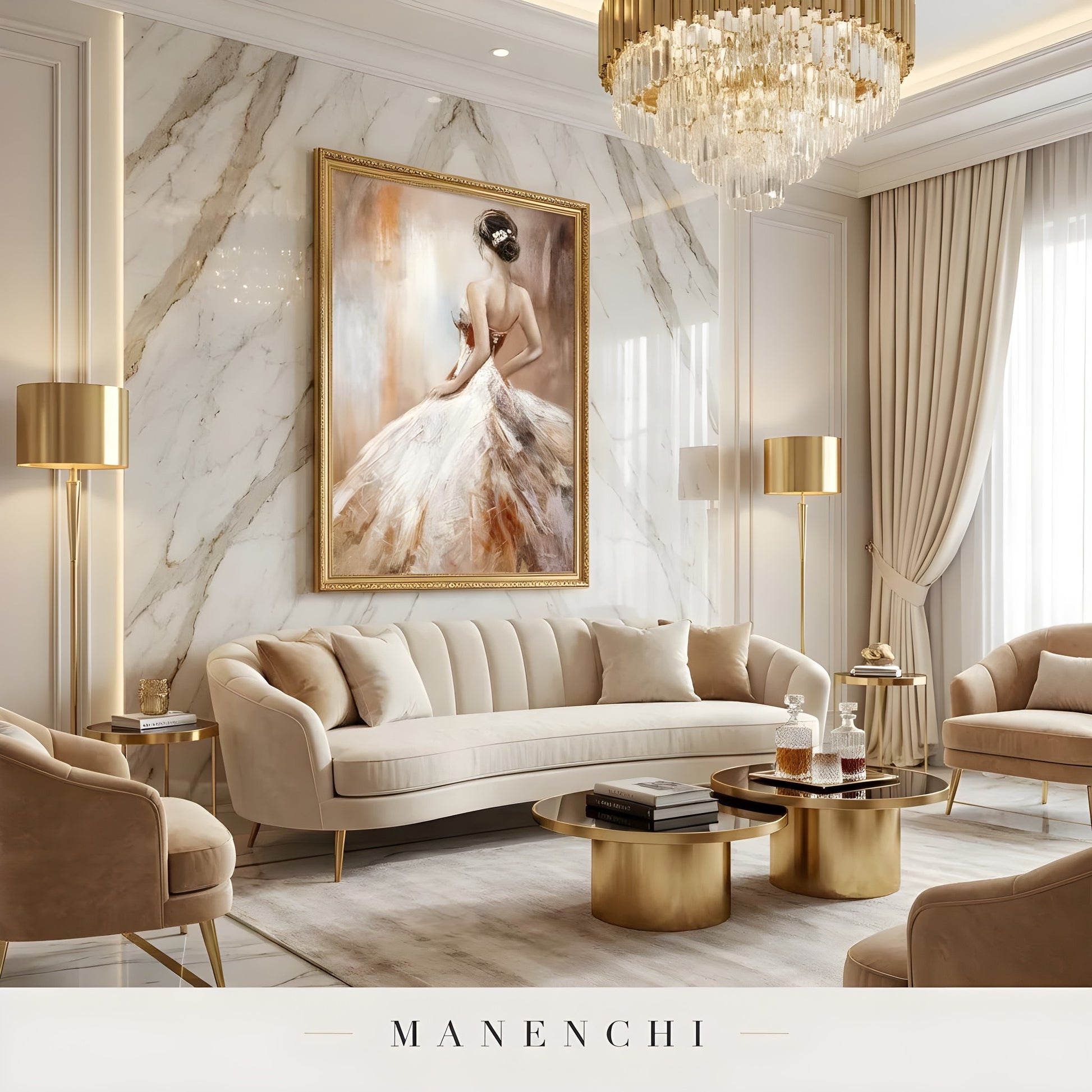 Timeless Bridal Reverie portrait displayed in luxury marble living room