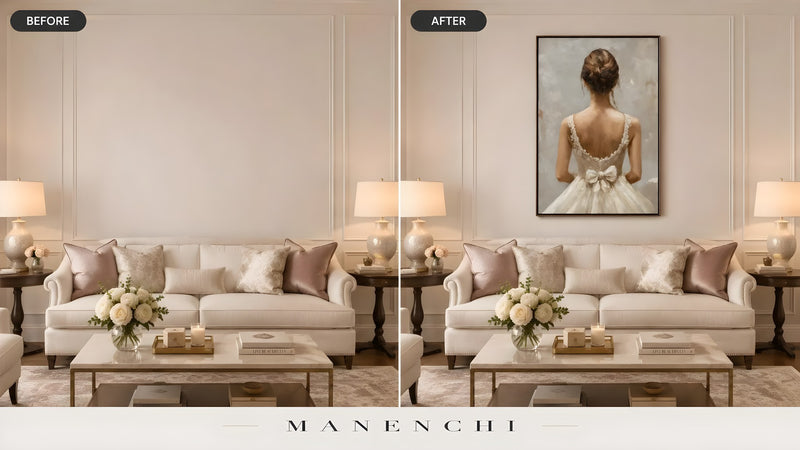 Timeless Gown Reverie original hand-painted portrait, before and after in a styled room