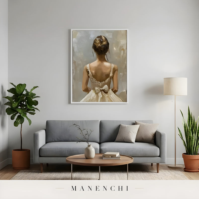 Timeless Gown Reverie portrait displayed in living room sofa display