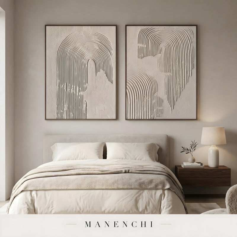 Tonal Relief Arch abstract painting displayed in bedroom interior scene