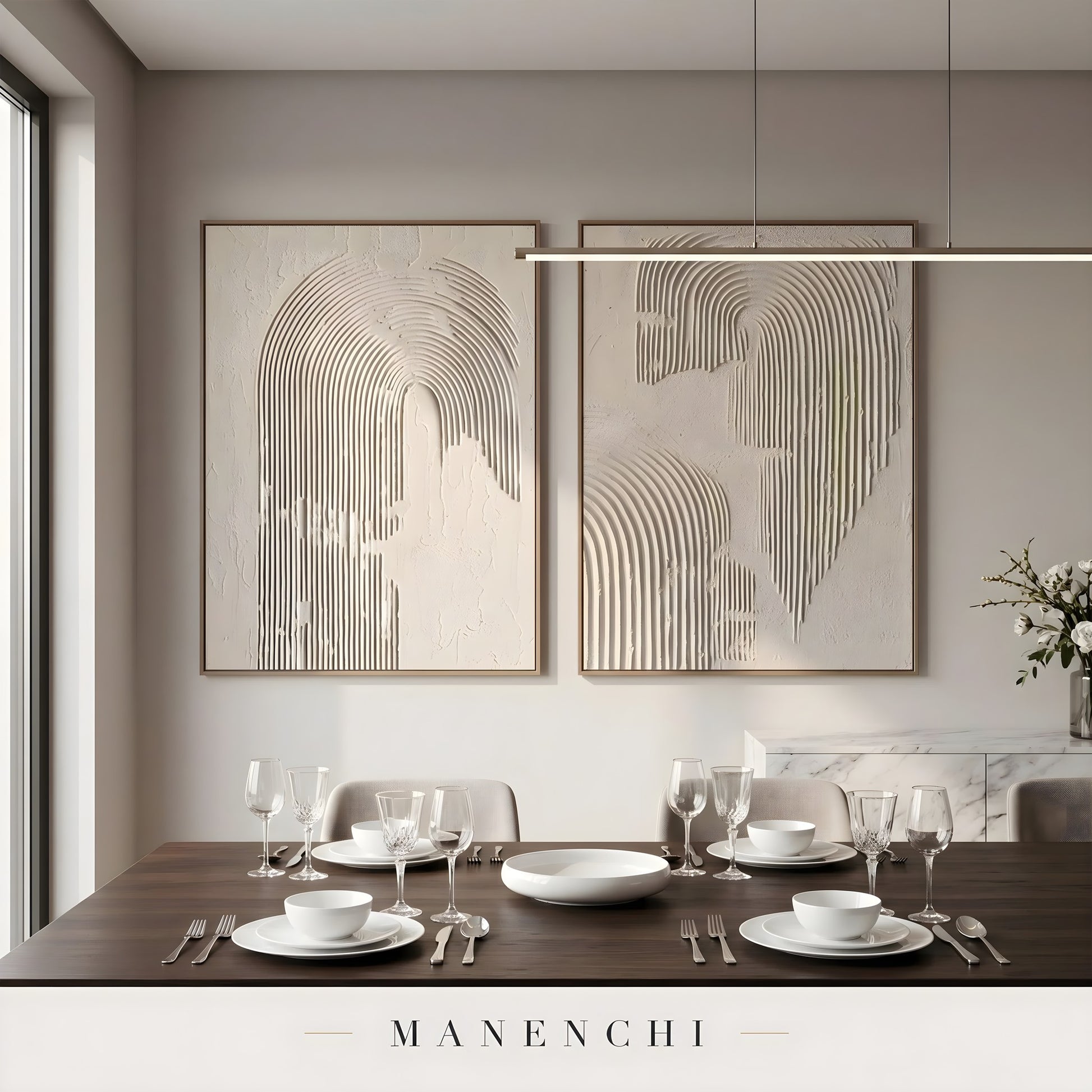 Tonal Relief Arch abstract painting displayed in dining room table