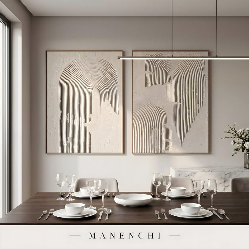 Tonal Relief Arch abstract painting displayed in dining room table
