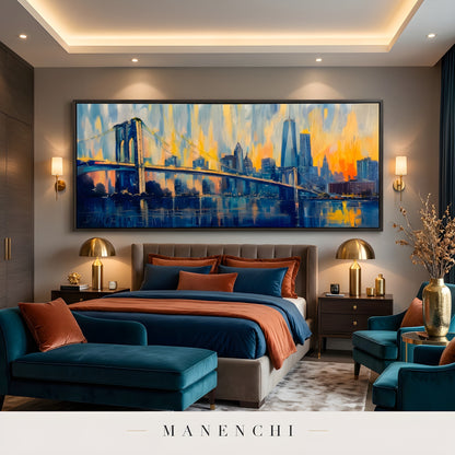 Twilight City Pulse abstract painting displayed in bedroom interior
