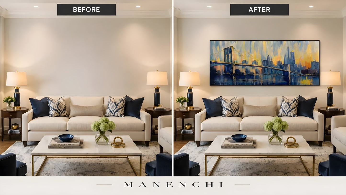 Twilight City Pulse original hand-painted abstract painting, before and after in a styled room