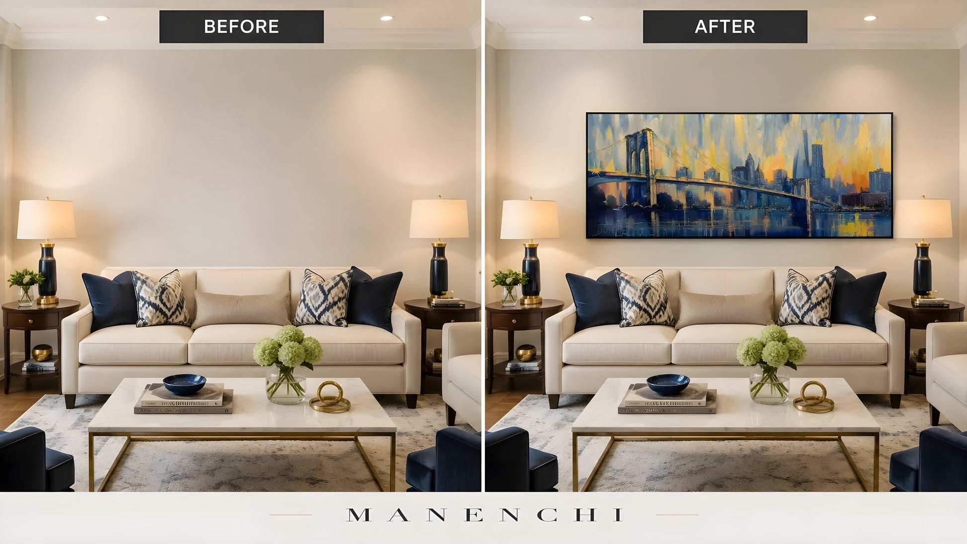Twilight City Pulse original hand-painted abstract painting, before and after in a styled room