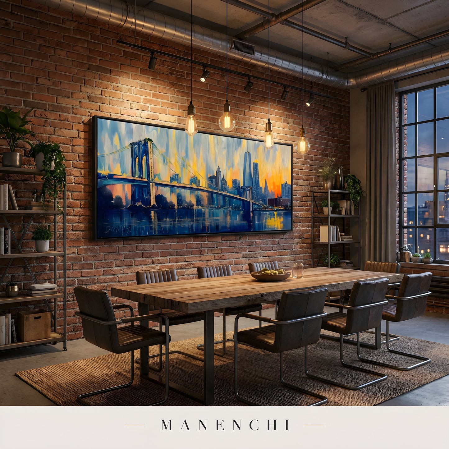 Twilight City Pulse abstract painting displayed in dining room rustic