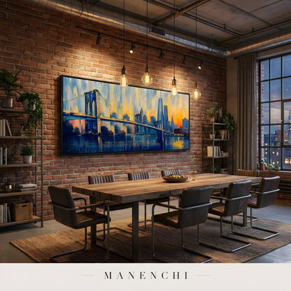 Twilight City Pulse abstract painting displayed in dining room rustic