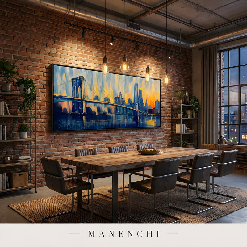 Twilight City Pulse abstract painting displayed in dining room rustic