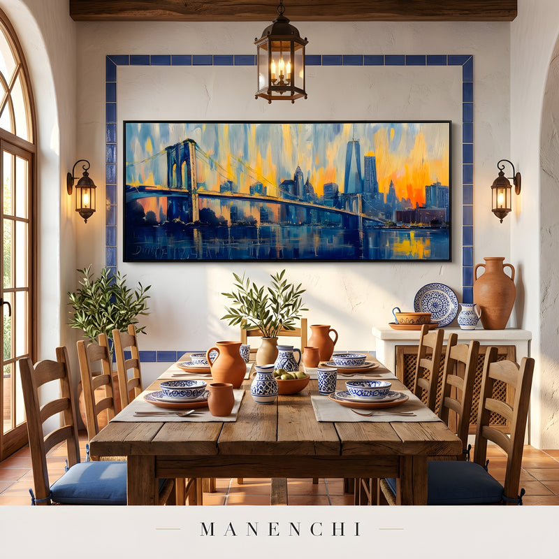 Twilight City Pulse abstract painting displayed in dining room setting