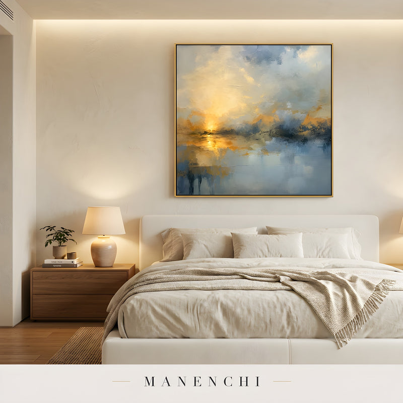 Twilight Solace Radiance abstract painting displayed in bedroom with painting