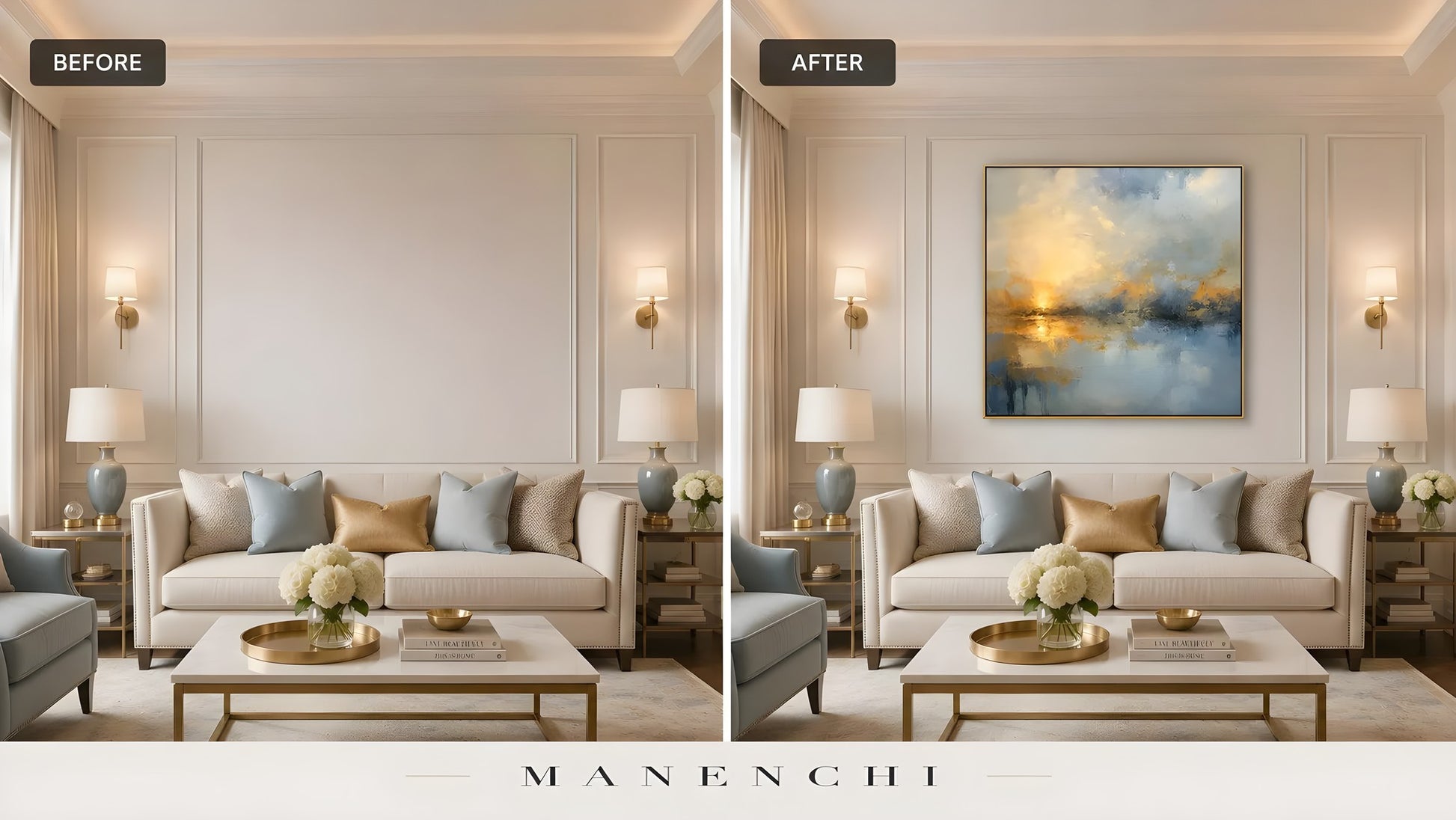 Twilight Solace Radiance original hand-painted artwork, before and after in a styled room