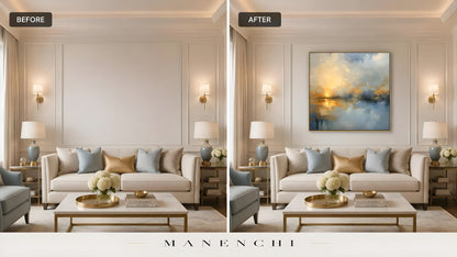 Twilight Solace Radiance original hand-painted artwork, before and after in a styled room