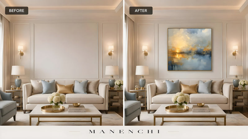 Twilight Solace Radiance original hand-painted artwork, before and after in a styled room