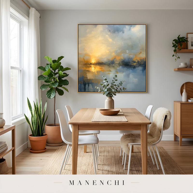 Twilight Solace Radiance abstract painting displayed in dining area with plants