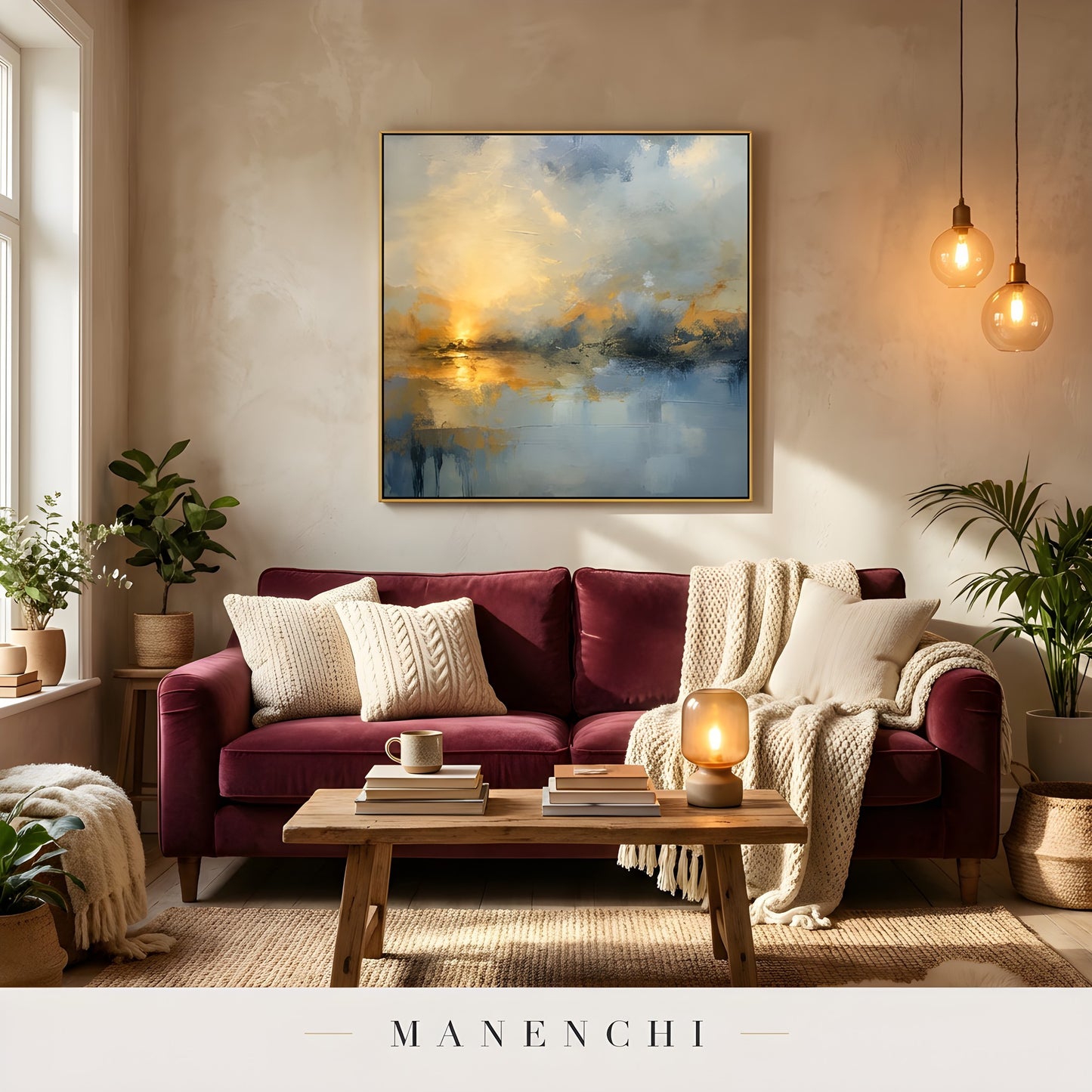Twilight Solace Radiance abstract painting displayed in red sofa living room
