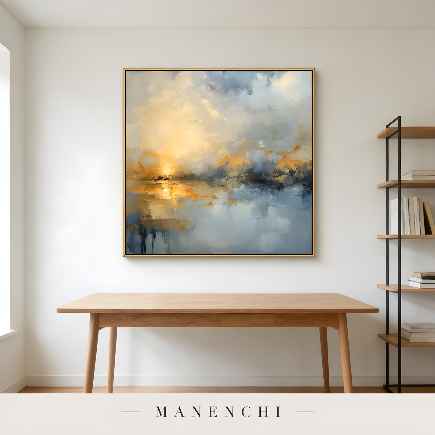 Twilight Solace Radiance abstract painting displayed in simple office desk area