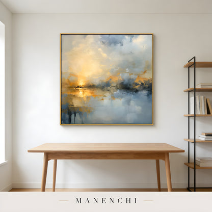 Twilight Solace Radiance abstract painting displayed in simple office desk area