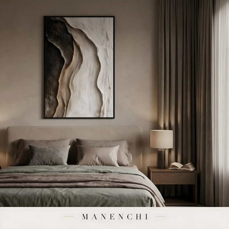 Umber Stratum abstract painting displayed in bedroom interior decor