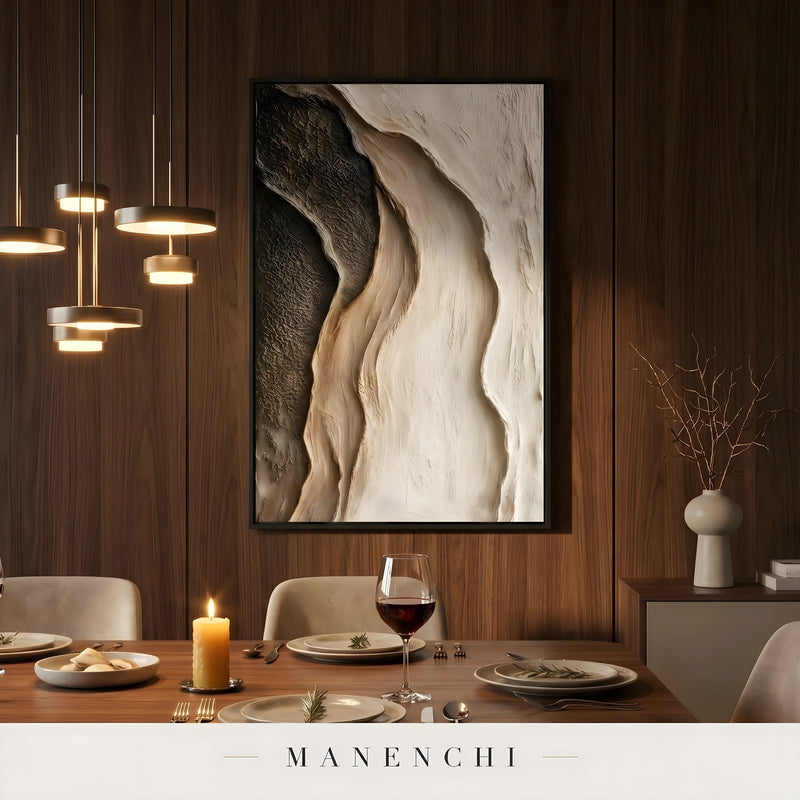 Umber Stratum abstract painting displayed in dining room interior