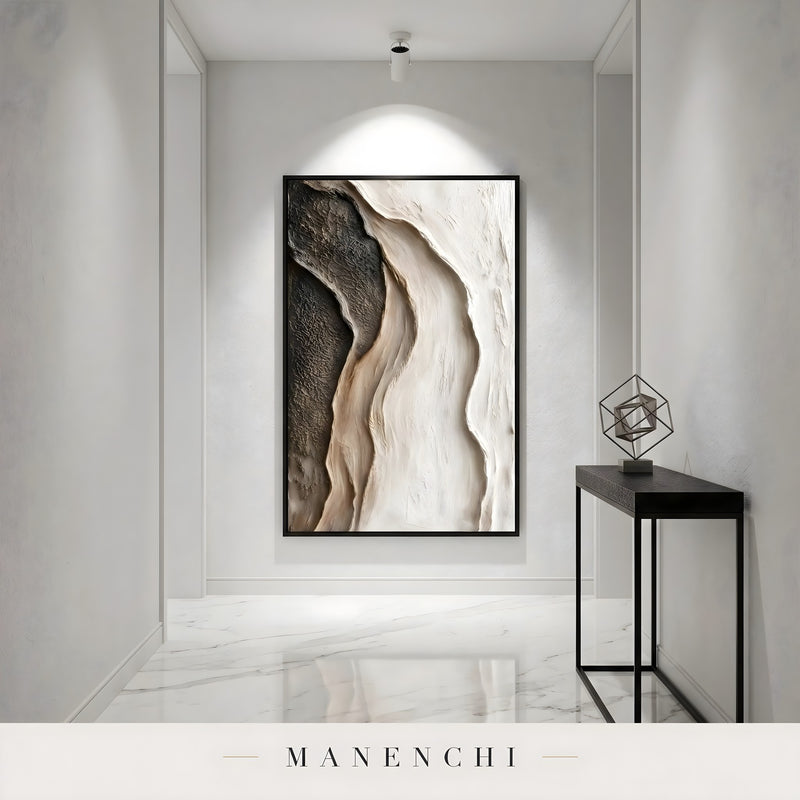Umber Stratum abstract painting displayed in gallery hallway display