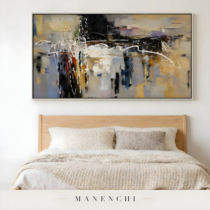 Urban Crescendo abstract painting displayed in bedroom wooden bed frame