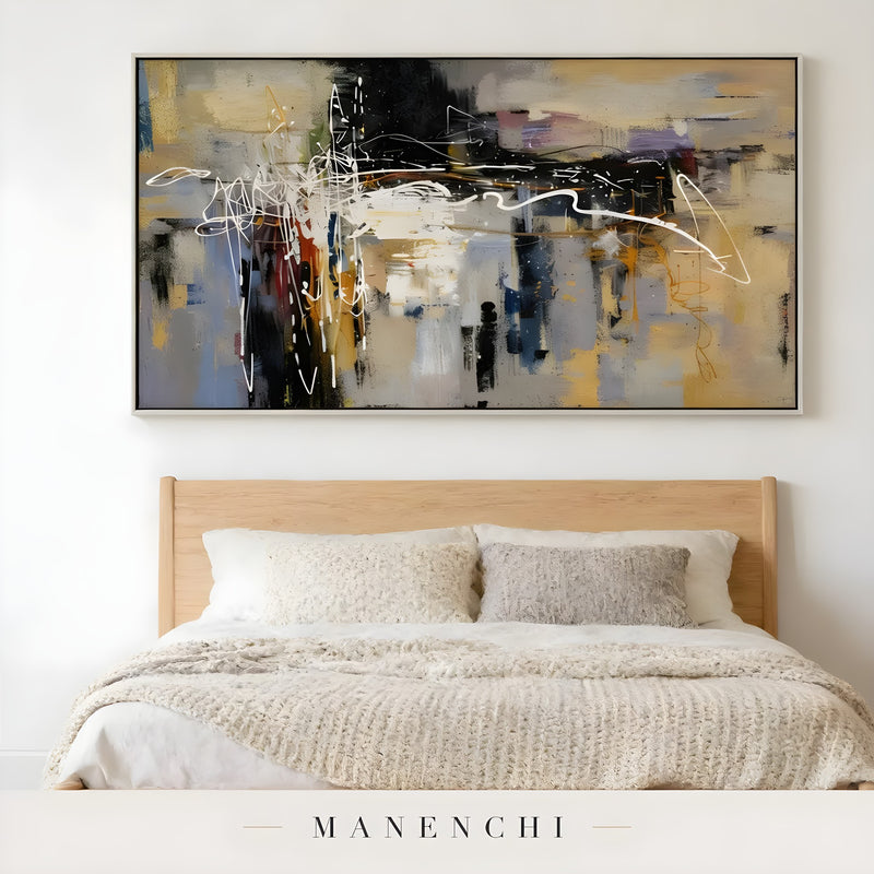Urban Crescendo abstract painting displayed in bedroom wooden bed frame