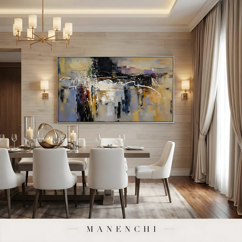 Urban Crescendo abstract painting displayed in dining room interior design