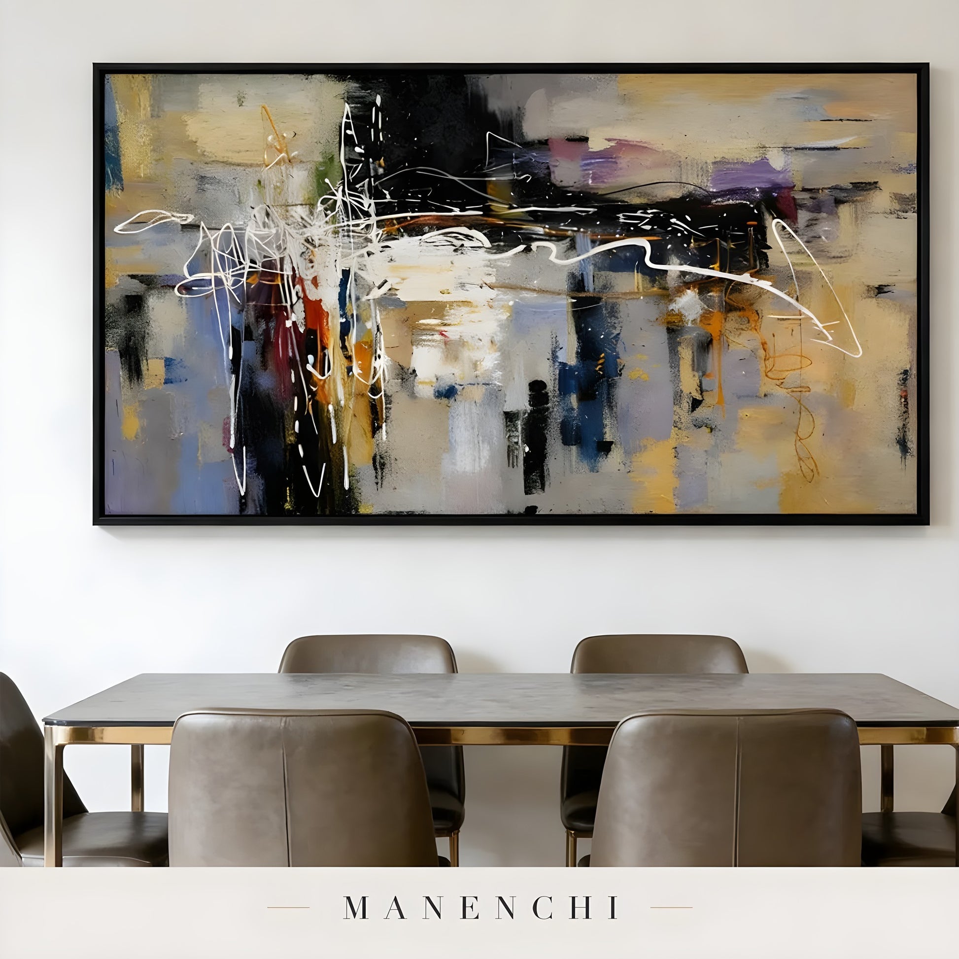 Urban Crescendo abstract painting displayed in dining room table setup