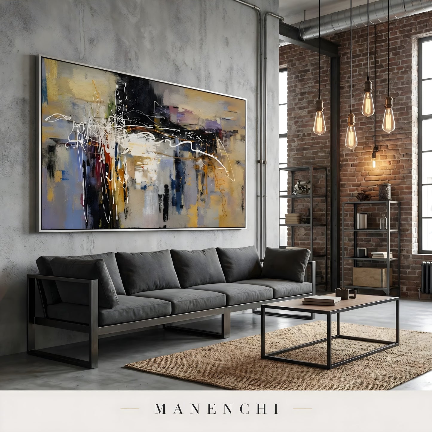 Urban Crescendo abstract painting displayed in industrial loft living room