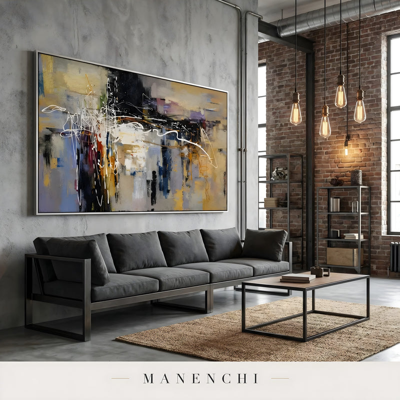 Urban Crescendo abstract painting displayed in industrial loft living room