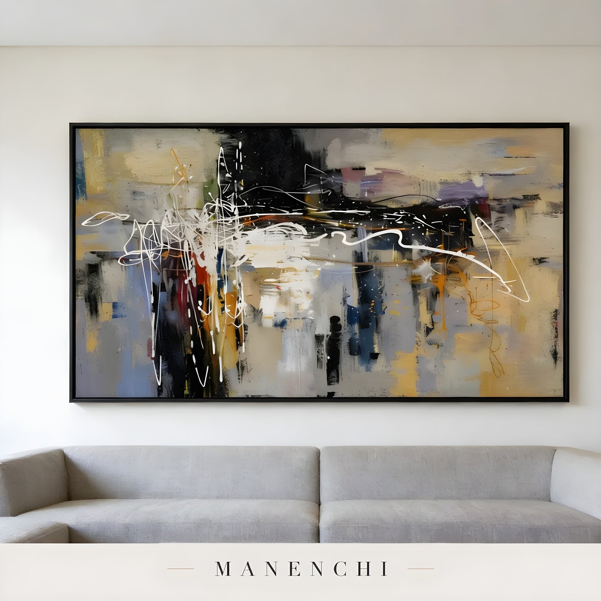 Urban Crescendo abstract painting displayed in large art above sofa