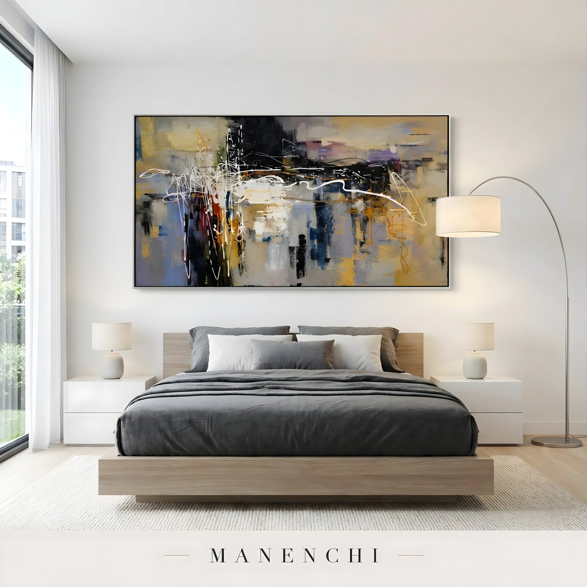 Urban Crescendo abstract painting displayed in master bedroom art display