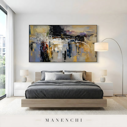 Urban Crescendo abstract painting displayed in master bedroom art display