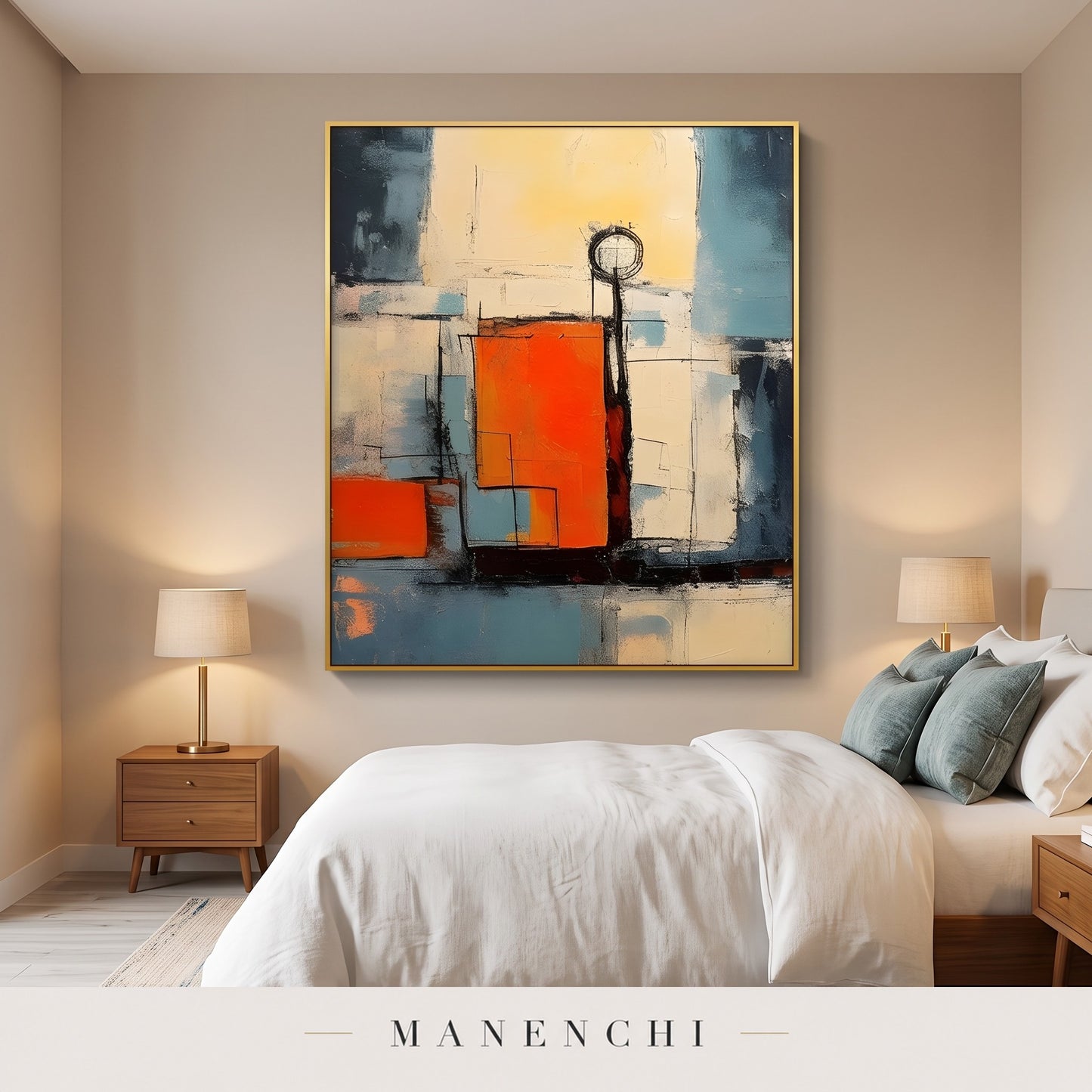 Urban Sunrise abstract painting displayed in a modern bedroom
