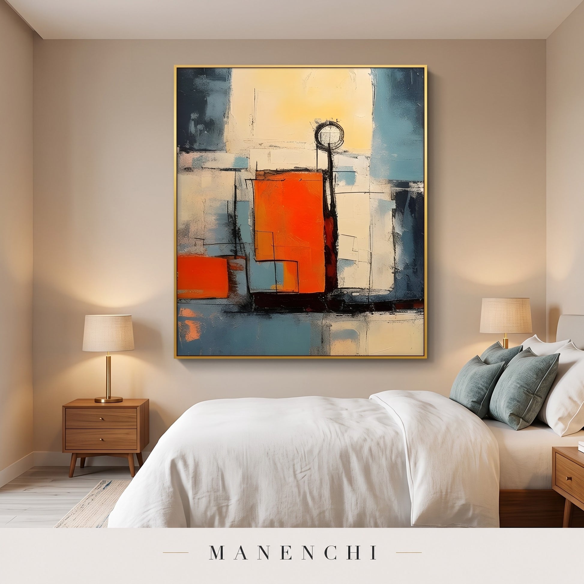 Urban Sunrise abstract painting displayed in a modern bedroom