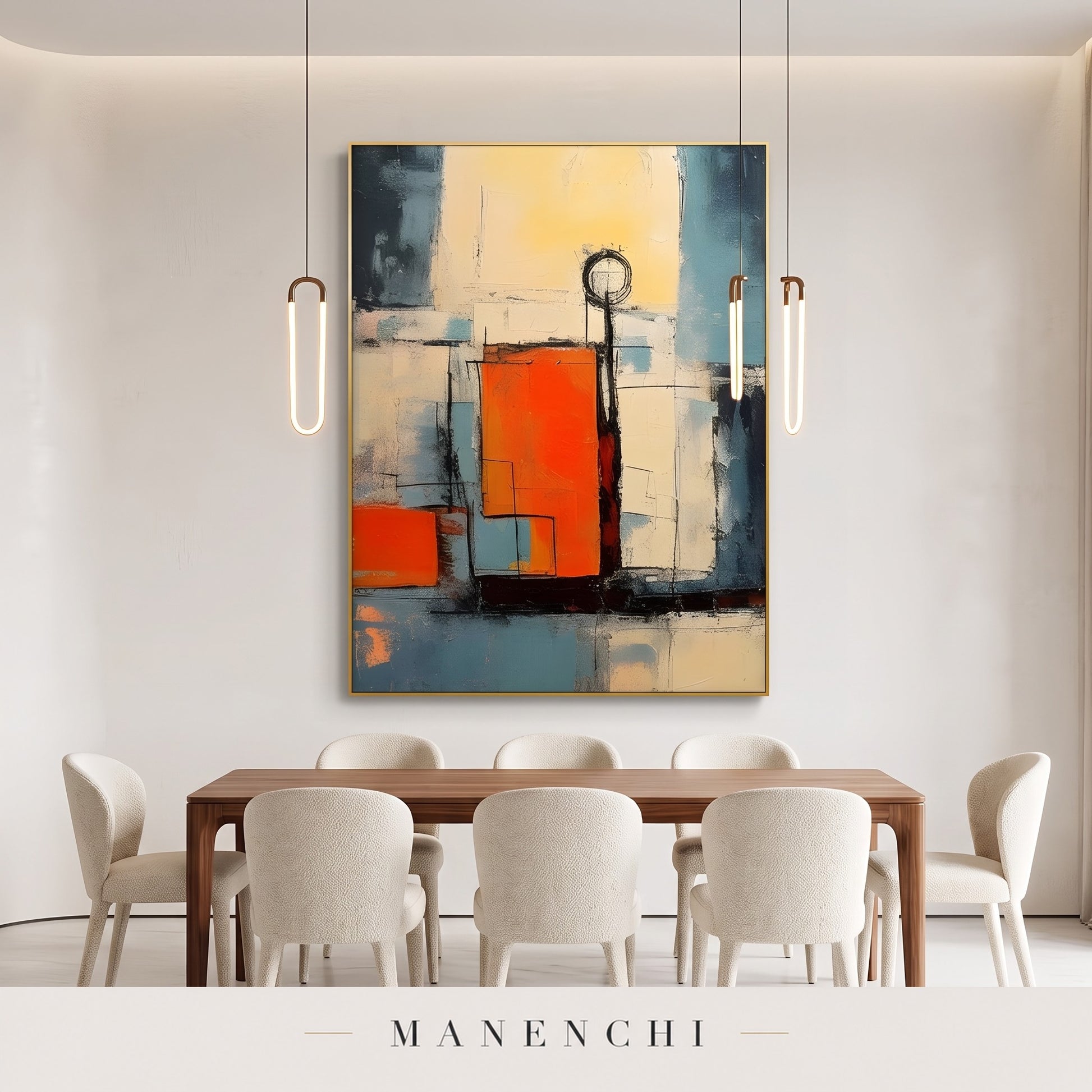 Urban Sunrise abstract painting displayed in a dining room