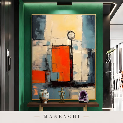 Urban Sunrise abstract painting displayed in an entryway