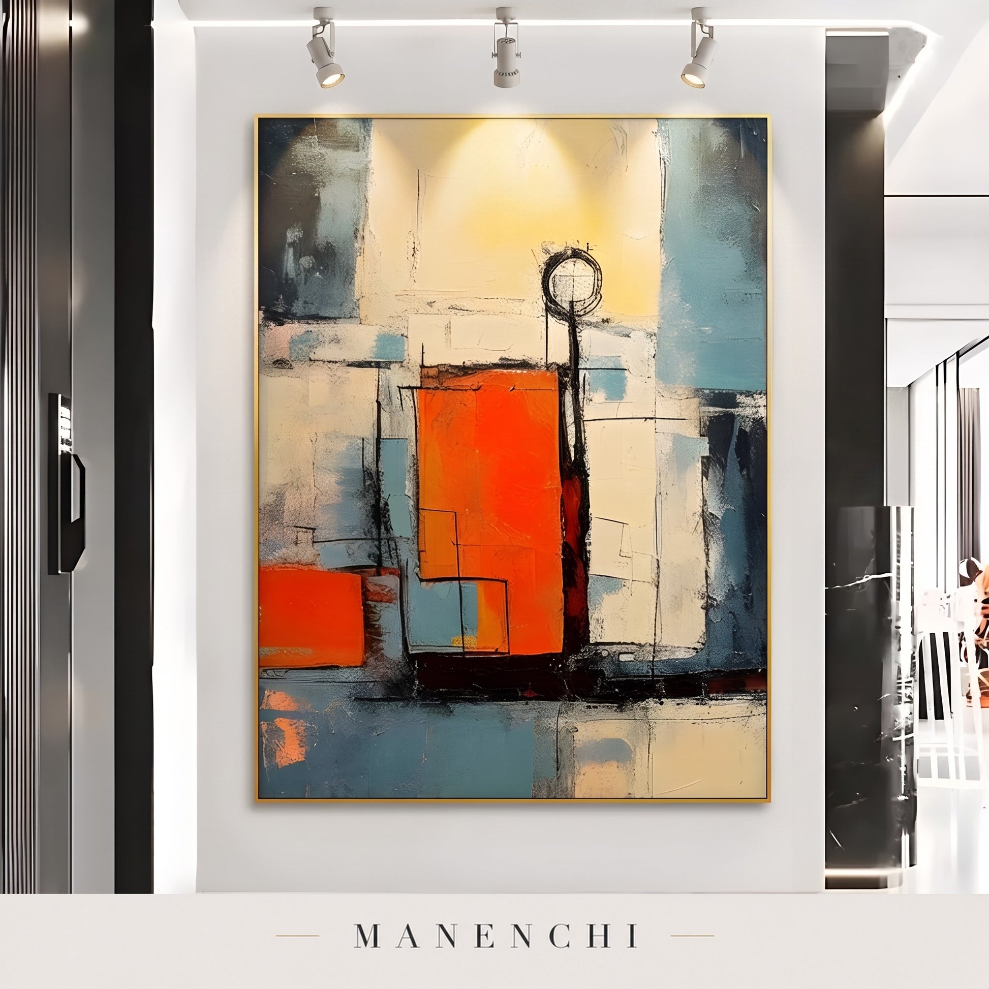 Urban Sunrise abstract painting displayed in a modern living room