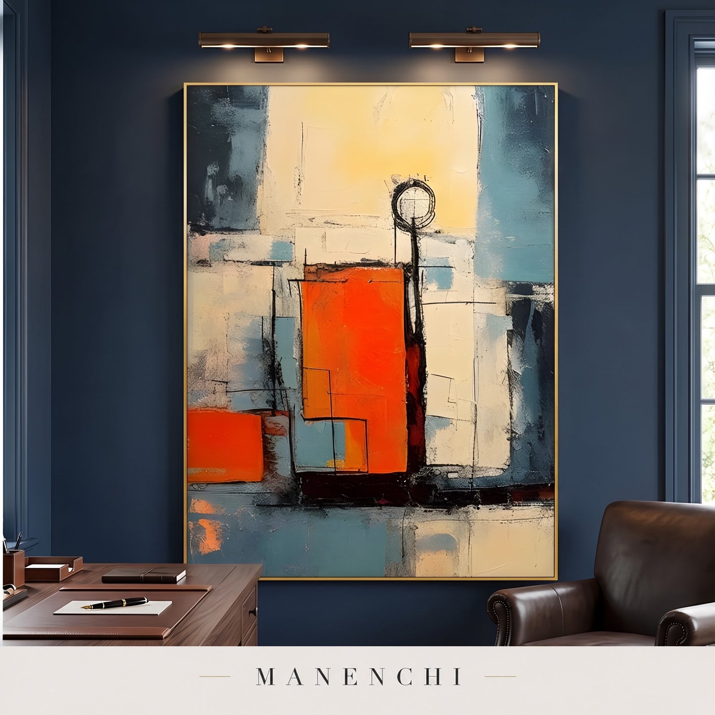 Urban Sunrise abstract painting displayed in a study