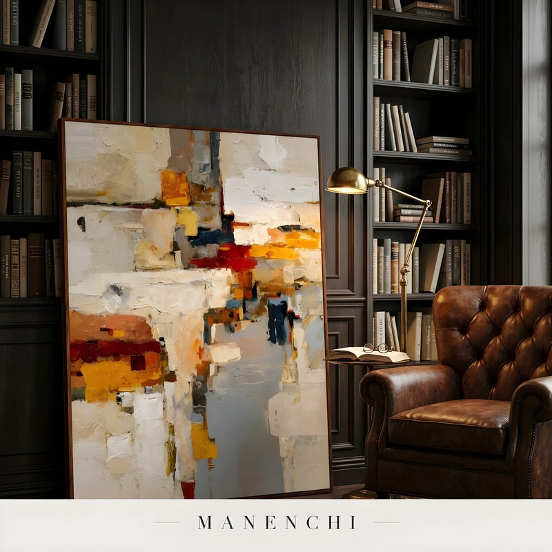 Urban Tectonic Assemblage abstract painting displayed in library setting with painting