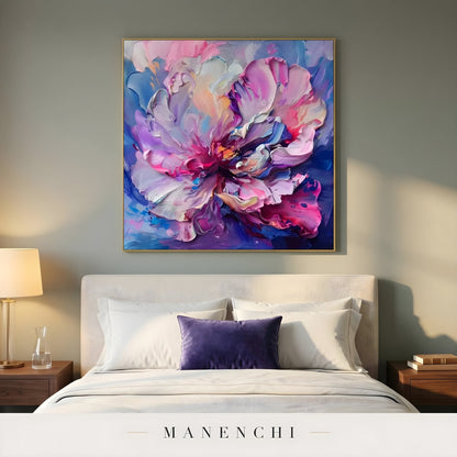 Velvet Nocturnal Bloom abstract painting displayed in bedroom interior scene