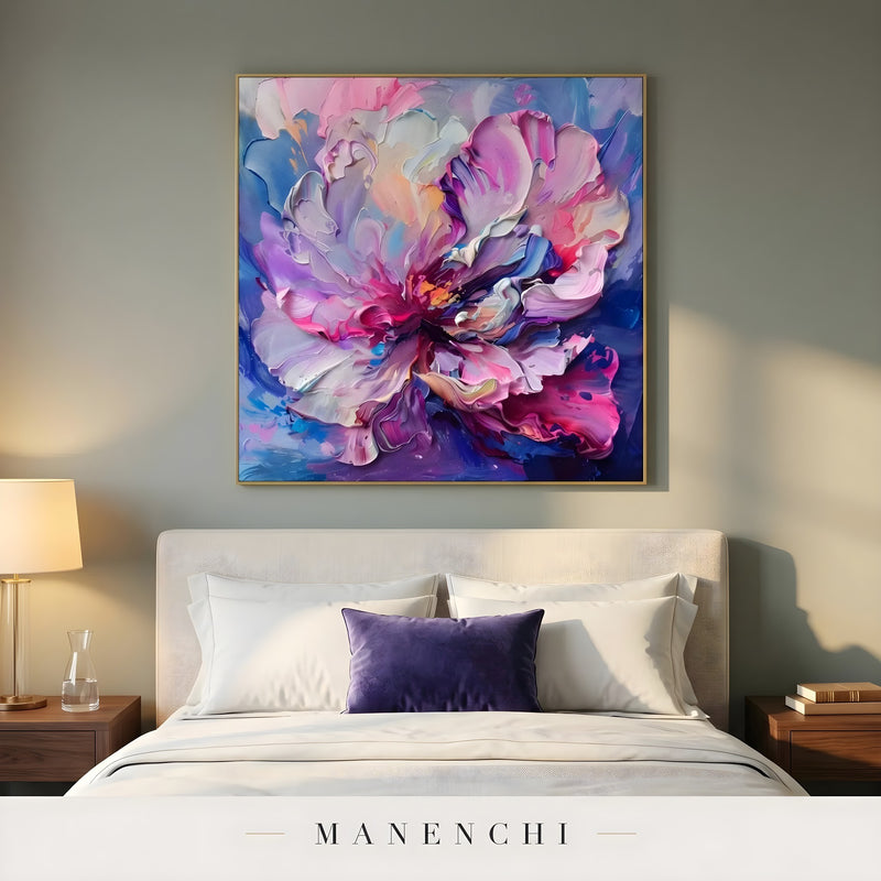 Velvet Nocturnal Bloom abstract painting displayed in bedroom interior scene