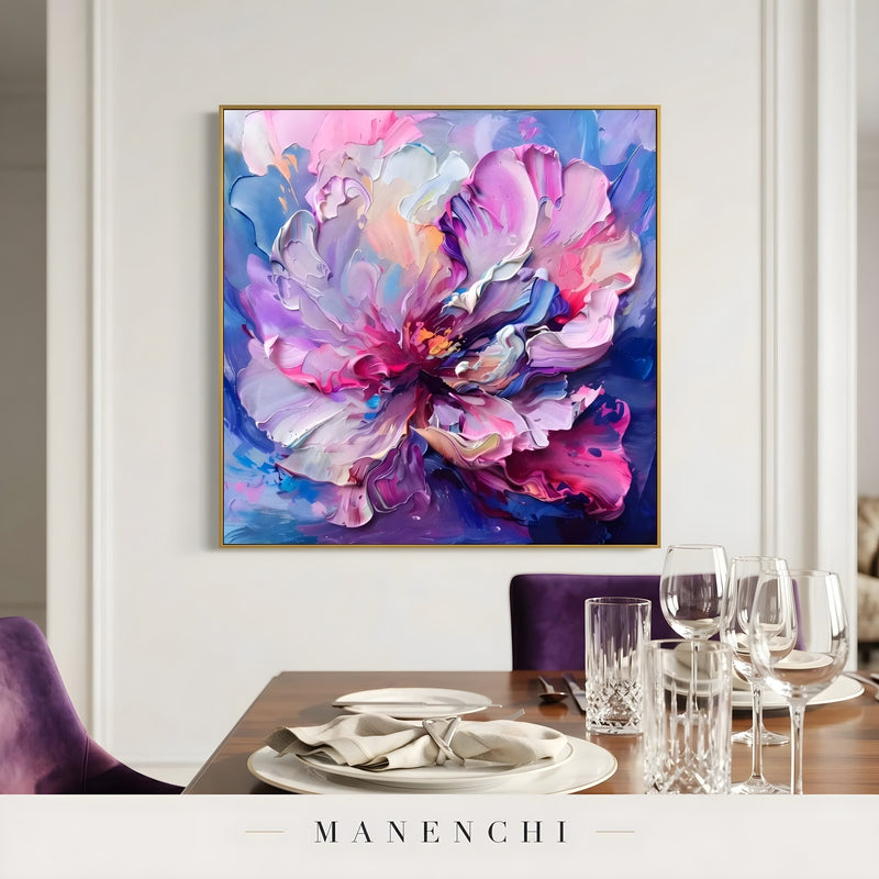 Velvet Nocturnal Bloom abstract painting displayed in dining room table setting