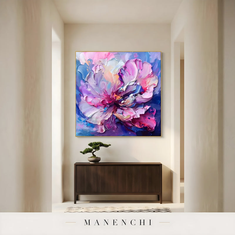 Velvet Nocturnal Bloom abstract painting displayed in entryway console table decor