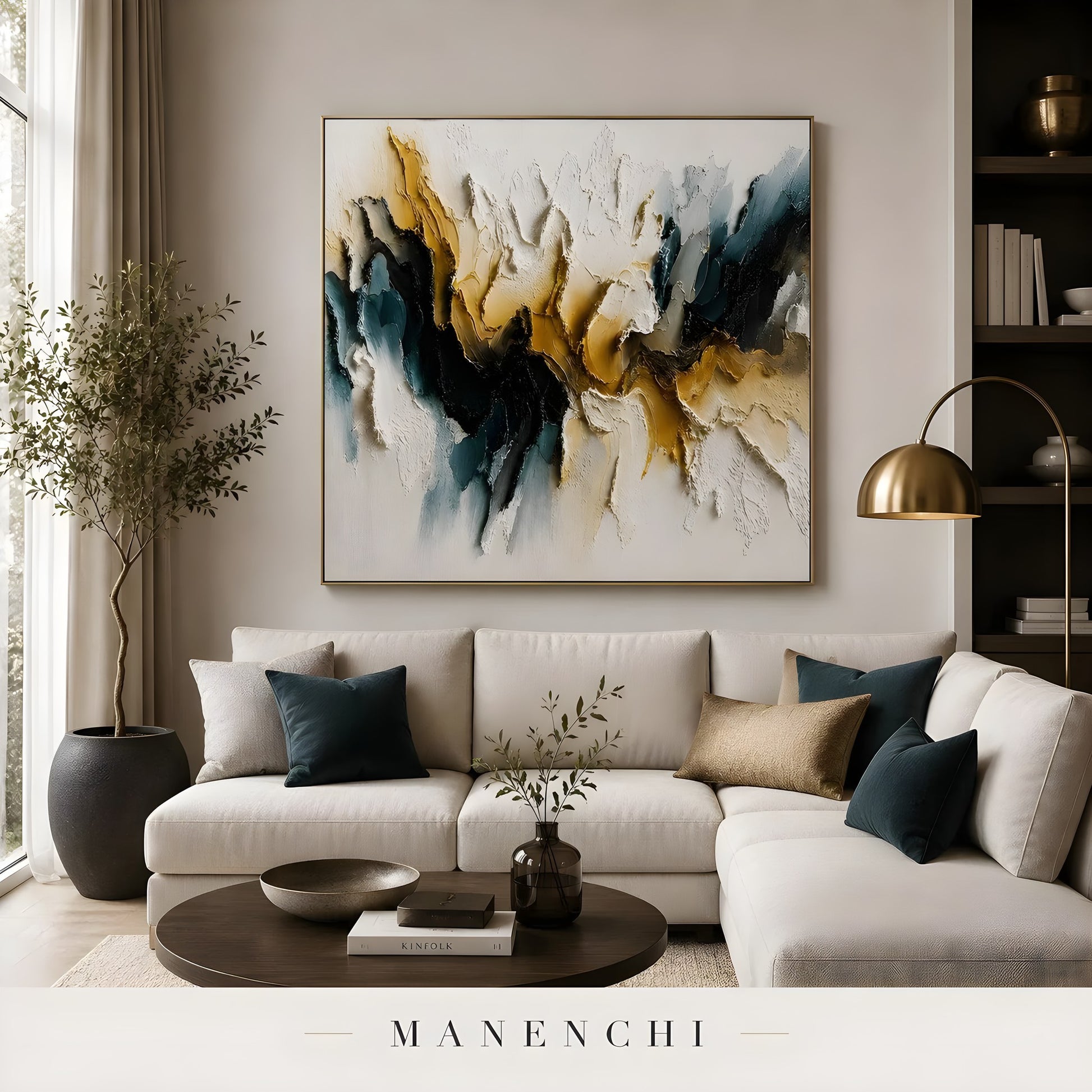 Velvet Ochre Tides abstract painting displayed in cozy modern living room